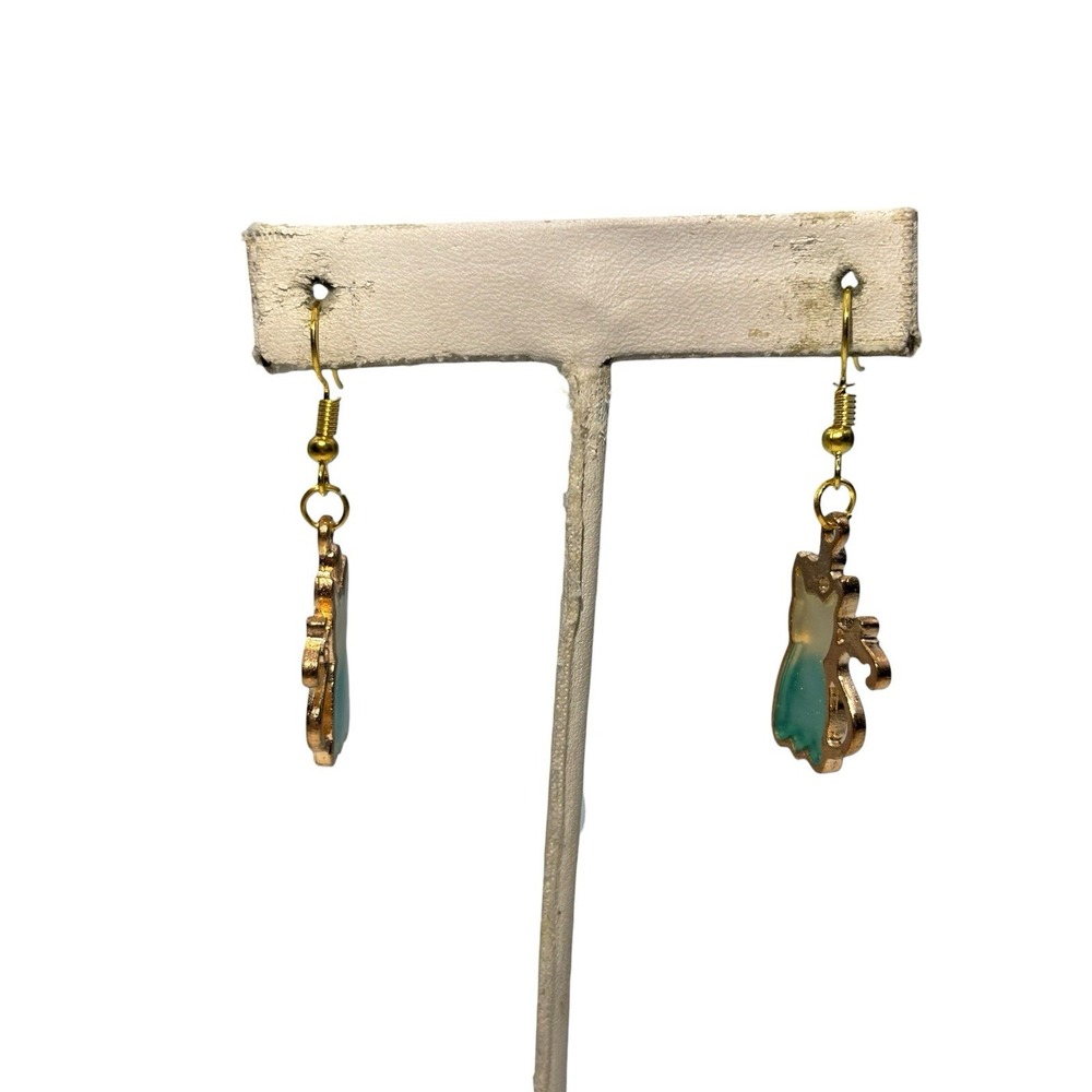 Vintage GoldTone Sparkly Blue Resin Kitty Cat Silhouette Pierced Dangle Earrings
